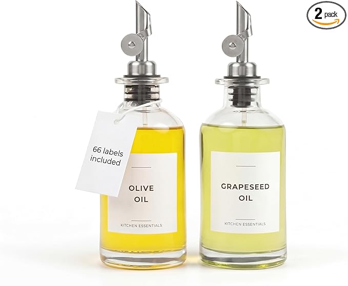 Olive Oil Dispenser Bottle - Includes 55 Kitchen Essential Labels - Cooking Oil Bottles for Kitchen, Coffee Syrup Dispenser - Pourer Spout with 11.8 fl oz Glass Container Cruet - 2pcs Silver