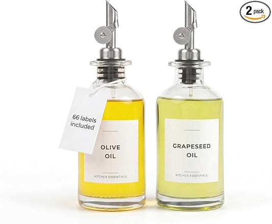 Olive Oil Dispenser Bottle - Includes 55 Kitchen Essential Labels - Cooking Oil Bottles for Kitchen, Coffee Syrup Dispenser - Pourer Spout with 11.8 fl oz Glass Container Cruet - 2pcs Silver