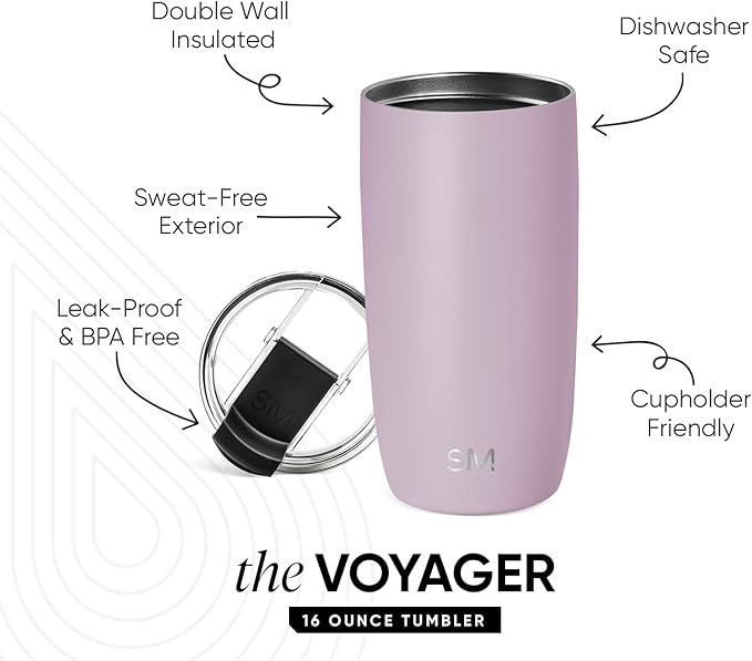 Simple Modern Voyager Tumbler with Flip Lid | Travel Coffee Mug | Insulated Stainless Steel Cold Brew Iced or Hot Coffee Cup | Gifts for Women Men Her Him | 16oz, Lavender Mist