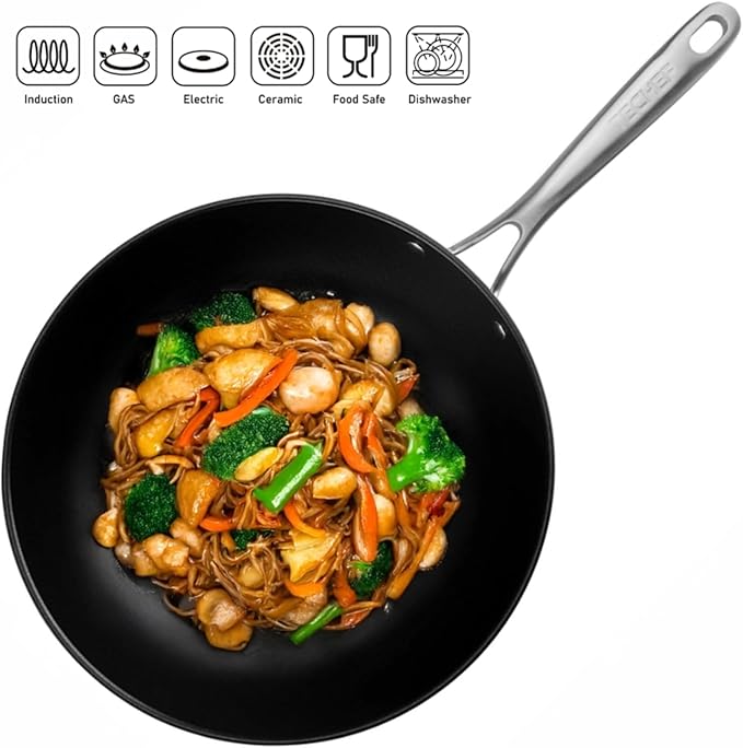 TECHEF - Onyx Collection, 12-Inch Nonstick Flat Bottom Wok/Stir-Fry Pan - PFOA Free, Dishwasher and Oven Safe, Made in Korea