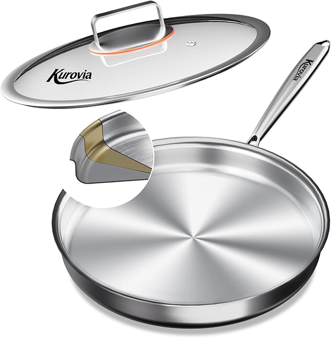 Tri-Ply Stainless Steel Frying Pan, Compatible with All Cooktops Up to 600℉, Large Frying Pan with lids, Induction-Ready Skillet, Dishwasher and Oven Safe, Even Heat (12.4 Inch)