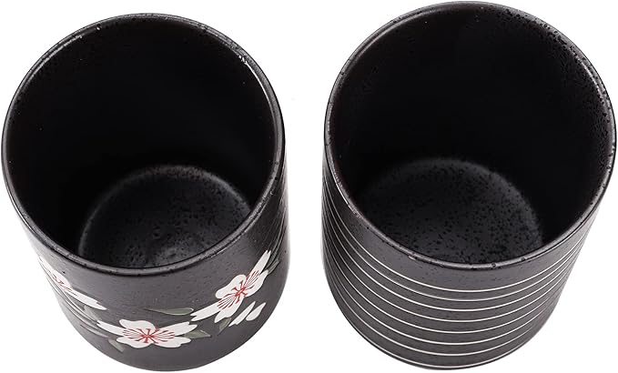 Hedume Set of 2 Japanese Tea Cups, 10oz Ceramic Teacup Mug, Japanese Cherry Blossoms and Line Design Ceramic Tea Cups Set for Green Tea, Matcha Tea, Bancha