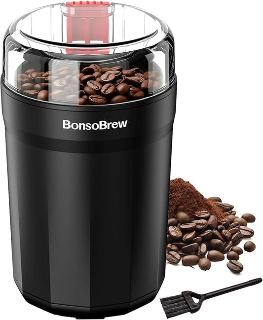 Electric Coffee Grinder, 180W Coffee and Spice Grinder for Coffee Beans, Herbs, Grains, Seeds - One Touch Safety Lid with Stainless Steel Blades - 2.5oz Capacity Includes Cleaning Brush