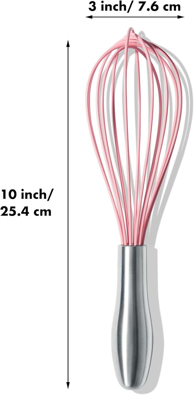 10-Inch Pink Silicone Whisk, Heat Resistant 480°F Kitchen Whisk with Stainless Steel Ergonomic Handle, Non-Scratch for Nonstick Cookware, Dishwasher Safe, Perfect for Blending, Cooking & Beating