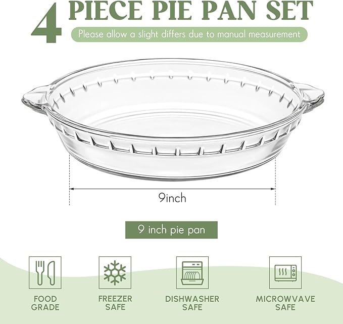 Uiifan 4 Pcs 9 Inches Mini Glass Pie Pan for Baking Clear Pie Plate with Handles Round Glass Dish for Baking and Serving, Snacks, Salads, Desserts