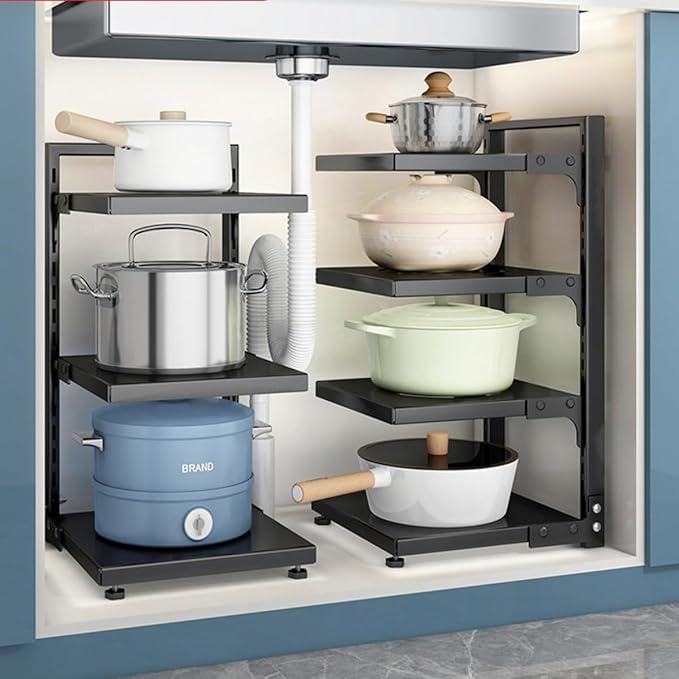 Pots and Pans Organizer for Cabinet Black Adjustable 3 Tier Pot Organizer Rack Under Sink or Floating Shelf Heavy Duty Kitchen Storage Organizers Pot Lid Organizer