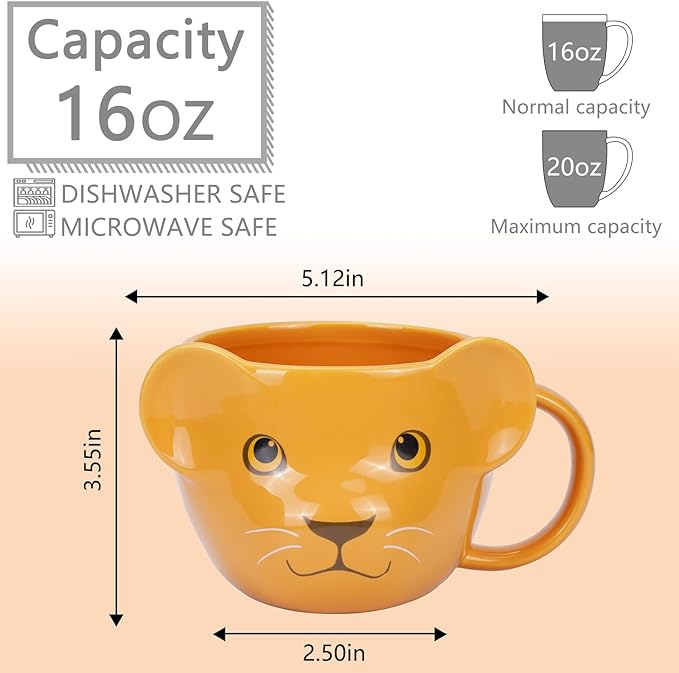 Lion Mug 16 oz Cute Ceramic Coffee Mug 3D Porcelain Tea Cup for Women Kawaii Gifts for Christmas, Housewarming, Holidays, Birthdays, Men, Kids, Friends Yellow