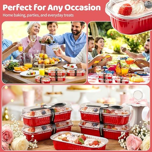 100 Pack Mini Loaf Pans with Lids and Spoons, 6.8oz Mini Cake Pans for Baking, Disposable Rectangle Aluminum Foil Small Loaf Baking Pans Cake Tins, Individual Small Cake Containers with Sticker, Red