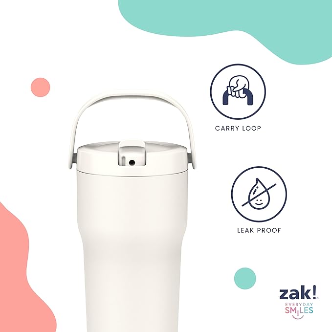 Zak Designs Sutton Travel Tumbler for On the Go, 30oz Stainless Steel with Vacuum Insulation, Straw Spout, Carry Handle for Cold Drinks (Ebony Black)
