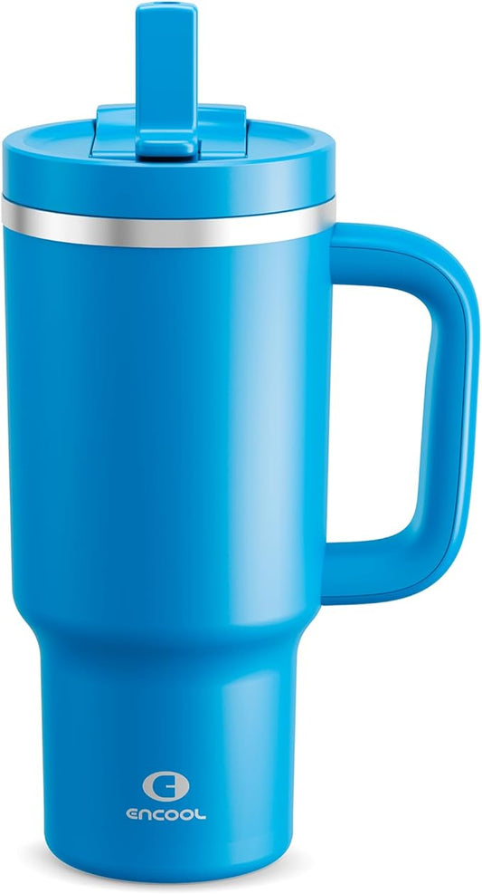 32 oz Tumbler with Handle and Straw: Stainless Steel Insulated Tumbler Keeps Cold for 24 Hours, Leakproof Travel Cup Fits in Cup Holder and BPA-Free,Celtic Blue