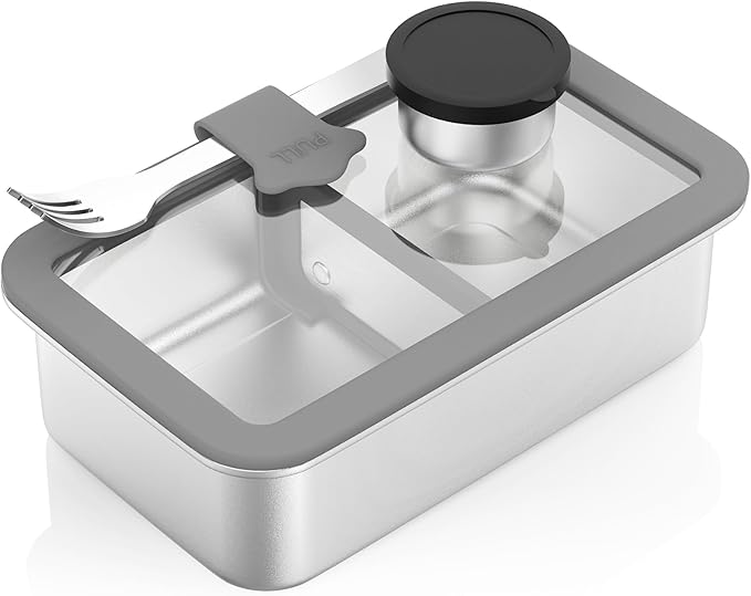 Stainless Steel Bento Box for Adult, 42oz Leak-Proof Metal Lunch Box Containers with Adjustable Divider, Microwave-Safe, Lunchbox with Glass Lid for Work Travel, Silver