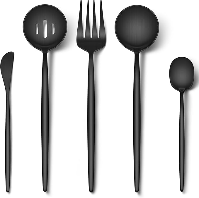 EUIRIO 5PCS Large Serving Utensils Set, Matte Black Hostess Flatware Serving Utensils, Heavy Duty Stainless Steel Serving Spoon, Slotted Spoon, Serving Fork, Sugar Spoon&Butter Knife, Dishwasher Safe