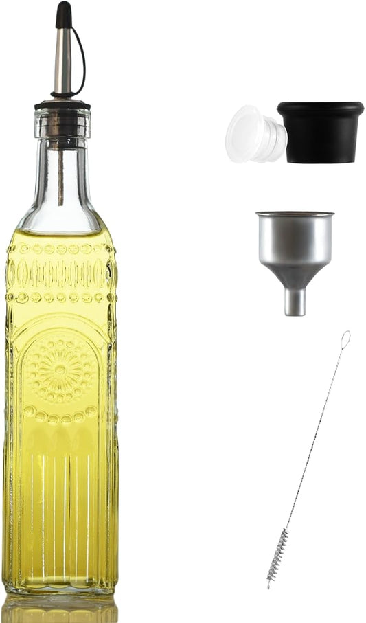 1-Pack Glass Oil Dispenser 500ML/17OZ, Vinegar Bottle with Stainless Steel Pourer, Brush, Funnel, Seal Cap (Sunflower)
