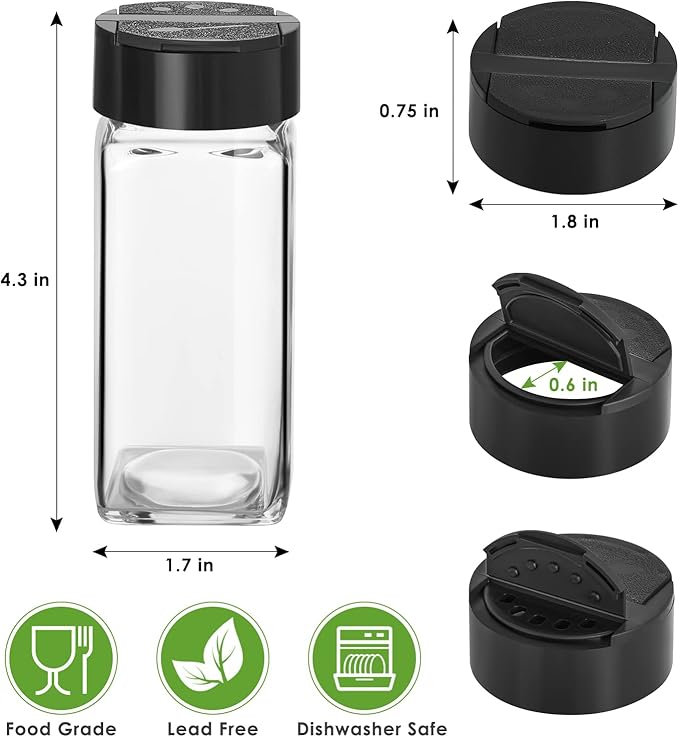 Saiveina 12 Pack Glass Spice Jars with Labels, 4oz Spices Containers Spice Jars with Black Shaker Lids, Empty Containers for Spice, Silicone Funnel and Pen Included