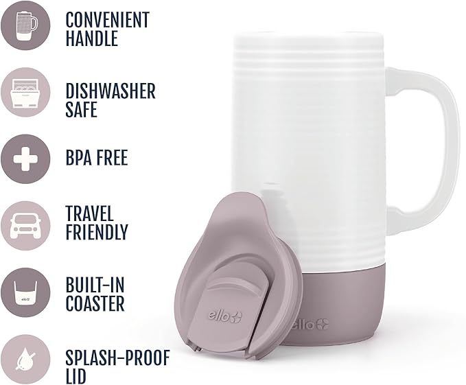 Ello Jane 18oz Ceramic Travel Mug with Handle, Splash-Resistant Slider Lid and Built-in Coaster, Perfect for Coffee and Tea, BPA Free, Dishwasher Safe, Gift for Him Her Birthday, Mauvewood