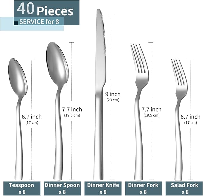 Silverware Set for 8, Briout 40 Piece Flatware Cutlery Set Stainless Steel Luxury Square Tableware Thick Knife Fork Spoon for Home Kitchen Restaurant Wedding, Mirror Polished, Dishwasher Safe