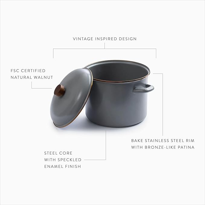 Barebones Enamel Stock Pot - Durable Enamel-Coated Steel Pot for Even Heating and Outdoor Cooking Of Soups, Stews and Chili (Slate Gray)