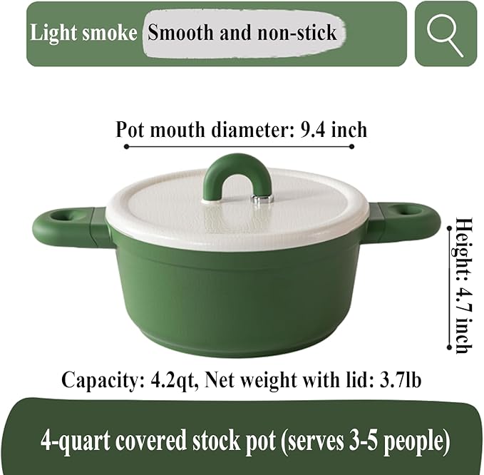 Alpstone 4QT Nonstick Stock Pot with Lid, Ceramic Casserole with Die-cast lid, Non-toxic Kitchen Soup Pot, Family Cooking Pots PFAS and PFOA Free (Green Color)