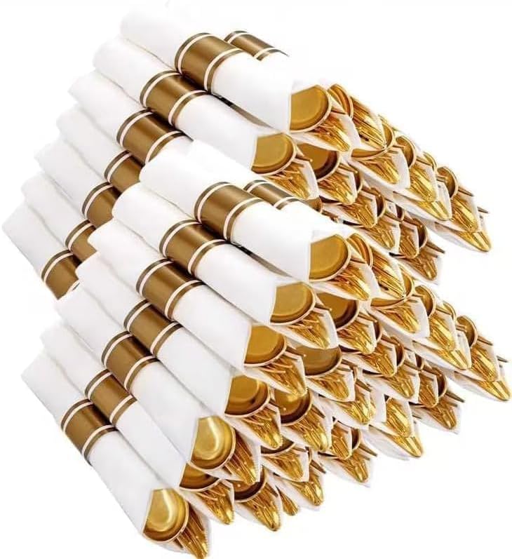 400PCS Pre Rolled Gold Plastic Silverware Sets
