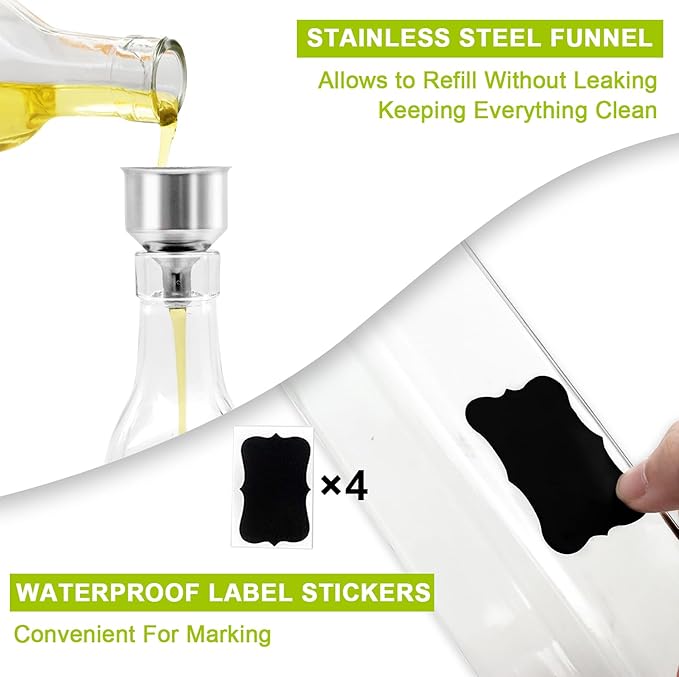 Olive Oil Dispenser Bottles, 2Pack 17oz/500 ml Square Glass Tall Oil Bottles with 4 Labels, 2 Pourers and 1 Funnel