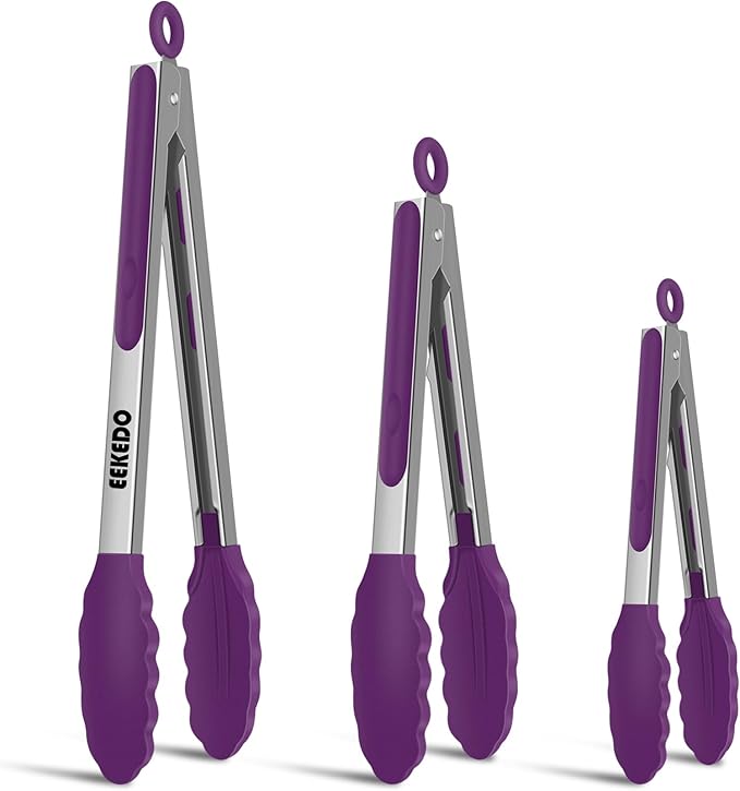 Kitchen Tongs, Stainless Steel Cooking Tongs with Silicone Tips, 600ºF High Heat-Resistant Non Scratch Locking Tongs for Cooking BBQ Grilling Air Fryer Pans, Set of 2 (7" 9" and 12") Purple