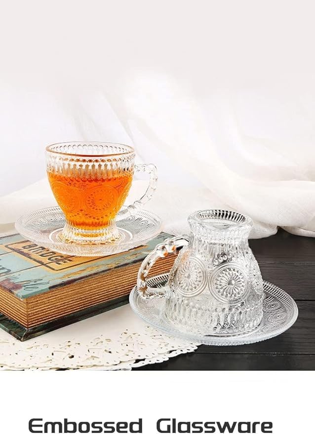 Vintage Glass Tea Cups with Saucers, Glass Mugs 7 Oz Set of 6 Espresso Coffee Embossed Glassware with Handle, for Cappuccino, Latte, Cereal, Yogurt, Beverage Hot/Cold, Milk…