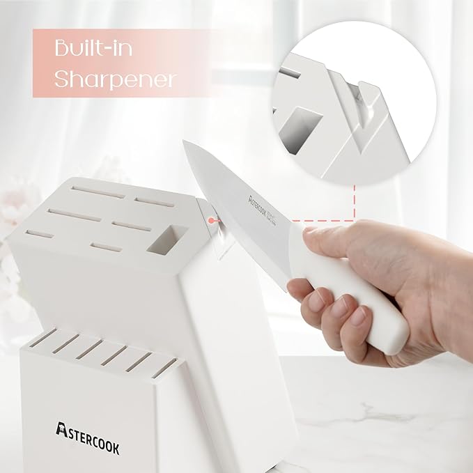 Astercook Knife Set for Kitchen 15 Piece with Block and Sharpener Kitchen Knives with Ceramic Coating Sharp Blade Dishwasher Safe Deba Knives with Anti-slip Ergonomic Handle, Elegant White