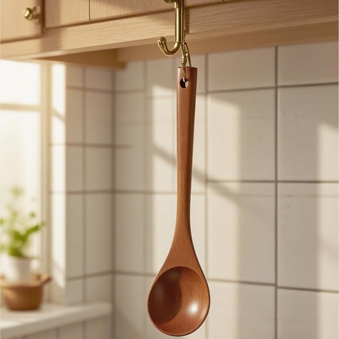 Wooden Ladle with Long Handle 11.2×3.15in Soup Serving Spoon for Cooking Kitchen Smooth Finish Natural Texture Handcrafted Utensil