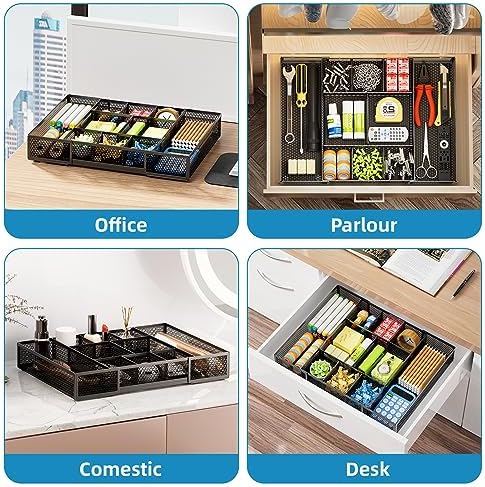 Marbrasse Expandable Desk Drawer Organizer, Mesh Drawer Organizer Tray with 10 Adjustable Compartments, Desk Organizers and Accessories, 5 Dividers Drawer for Office Supplies, Makeup & Vanity (Black)