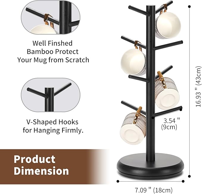 BAMBANG Coffee Mug Tree, 360° Rotating Bamboo Cup Holder Tree for Counter Top, Mug Rack with 8 Hooks, Mug Stand for Coffee Bar, Home, Black
