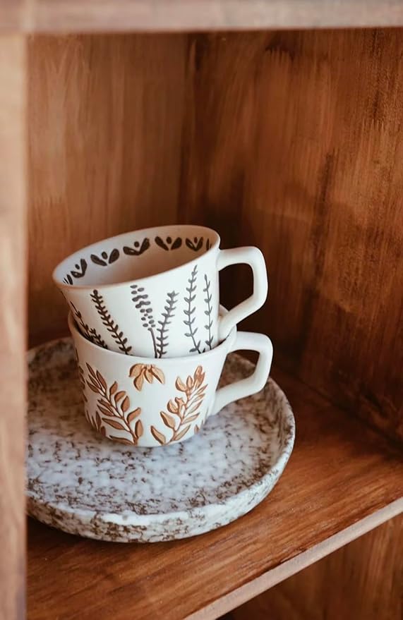 Handmade 12oz Coffee Mugs, Ceramic Coffee Mugs with Leaves Patterns for Man, Woman Modern Coffee Mug for Latte Cappuccino Cocoa, Dishwasher Microwave Safe, Stoneware Cup, Special Gifts, Lavender