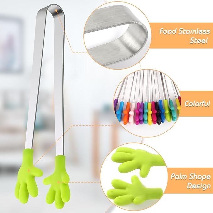 Shindel 12PCS Mini Tongs, 5.1 Inch Silicone Small Tongs for Kids, Funny Kitchen Serving Gadgets for Christmas Candy, Appetizers, Ice Cube, Fruits, Dessert, Great for Fine Motor, Sensory Coordination