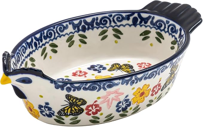 Uiifan 27 oz Ceramic Casserole Dishes Chicken Shape Vintage Pie Pan Bakeware Butterfly and Flower Pattern Plate Lasagna Pans Soup Bowl for Oven, Dishwasher and Microwave Safe