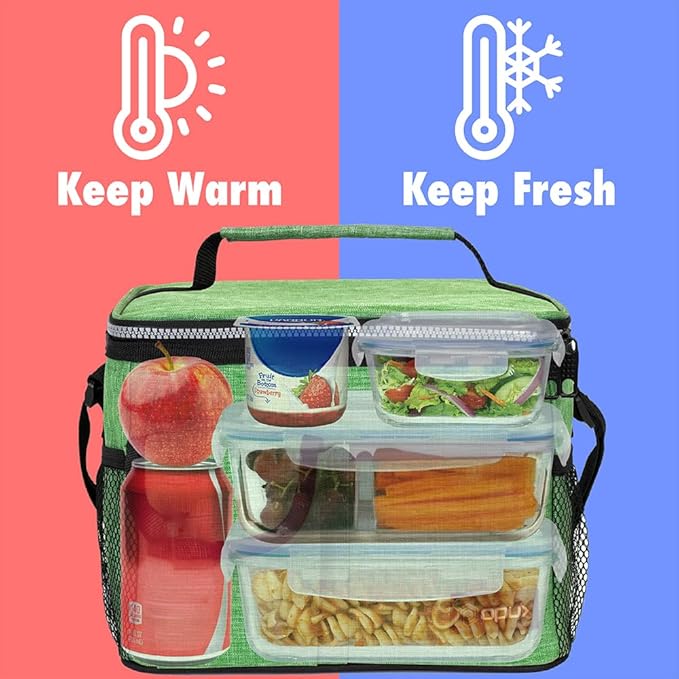 opux Insulated Lunch Bag for Men Women, Leakproof Heather Green Lunch Box for Work, Portable Soft Lunch Cooler Bag with Shoulder Strap, Adult Lunchbox Lunch Pail for Kid Boy Girl School, 14 Can/8L