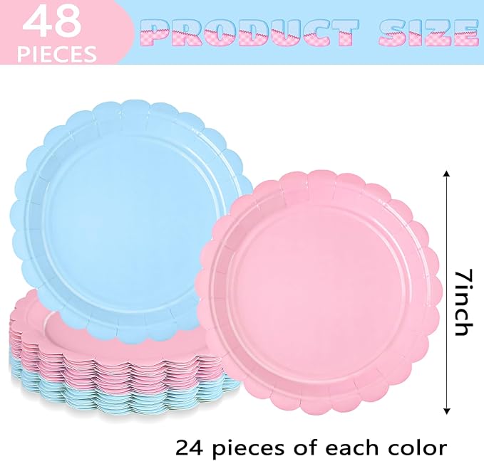 48 Pcs Gender Reveal Paper Plates for Boy or Girl Themed Party, 7" Light Pink and Blue Birthday Party Scalloped Round Dessert Plate for Baby Shower, Birthday, Wedding Party Decorations