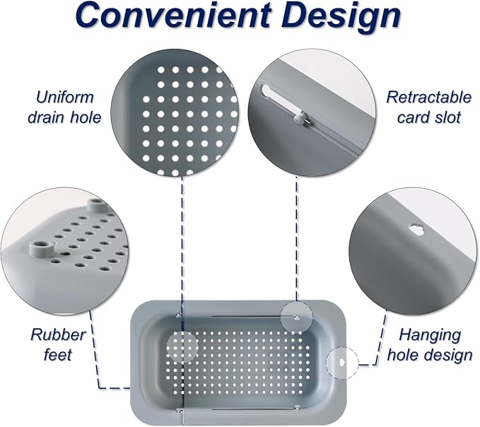 Extendable Sink Colander Strainer Basket - Wash Vegetables and Fruits, Drain Cooked Pasta and Dry Dishes - Adjustable Over the Sink Colander Collapsible Drainer Basket -Gray