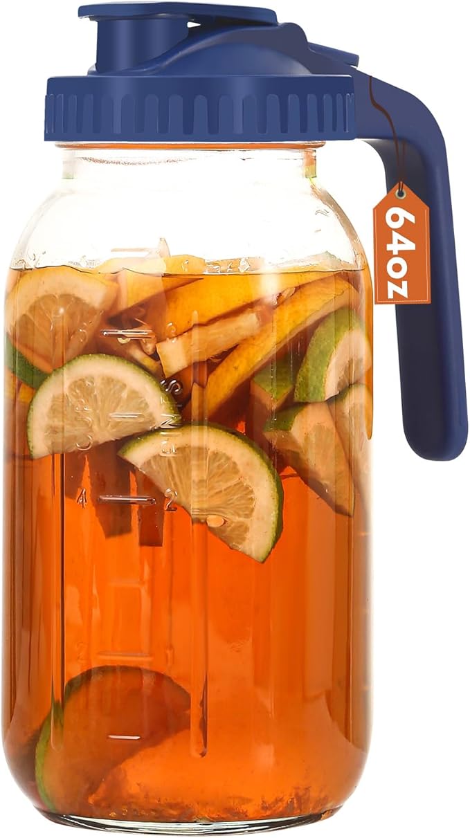 Glass Pitcher with Lid, 64 OZ Mason Jar Pitcher Double Leak Proof, 2 Quart Breast Milk Storage Containers for Fridge, Wide Mouth Glass Jar for Sun Tea, Juice, Cold Brew Coffee