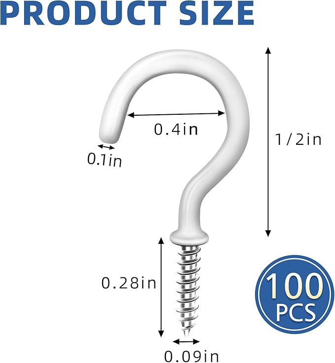 1/2" Small White Vinyl Coated Screw-in Hooks, Ceiling Hooks Wall Hooks Hanging Hooks Kitchen Hooks Indoor Outdoor for Cups Decors Plants Utensils Lights Baskets Wreaths, 100 PCS