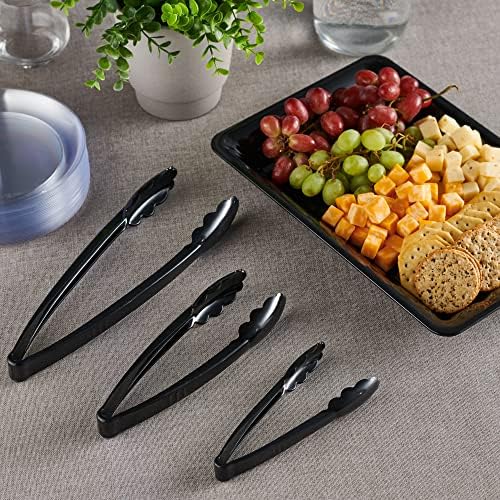 Plasticpro Heavy Duty Reusable Black Serving Tongs Combo Set - 4 Pieces (7.5'', 9'', 12'') for Kitchen, BBQ, Parties, Catering, Events, Weddings - Pack of 12