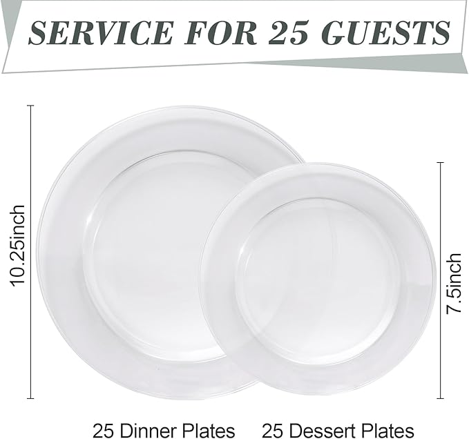 50PCS Clear Plastic Plates, Disposable Dinnerware for 25 Guests, Include 10.25 inch & 7.5 inch Dinner & Dessert Plates for Party, Wedding and Graduation