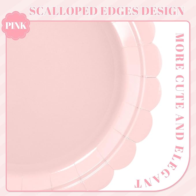 30 Pcs Pink Paper Plates 9 Inch Scalloped Pink Party Plates Cute Birthday Dessert Cake Plate for Easter, Baby Bridal Shower, Wedding, Mothers Day