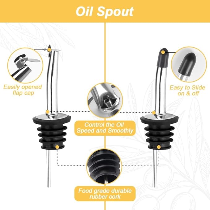 Olive Oil Dispenser Bottle - 500ml Glass Oil and Vinegar Bottles Set for Kitchen with 2 Stainless Steel Pourers, Funnel, Brush and 2 Labels, Kitchen Oil Bottles with Drip-Free Design