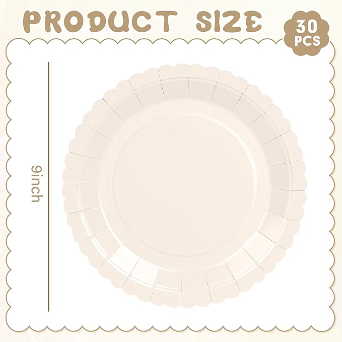 30 Pcs Ivory Paper Plates, 9 Inch Cream Scalloped Dessert Plates Disposable Ivory Dinner Paper Plates Wedding Plates Party Supplies for Baby Shower, Wedding, Bridal Shower, Birthday Party