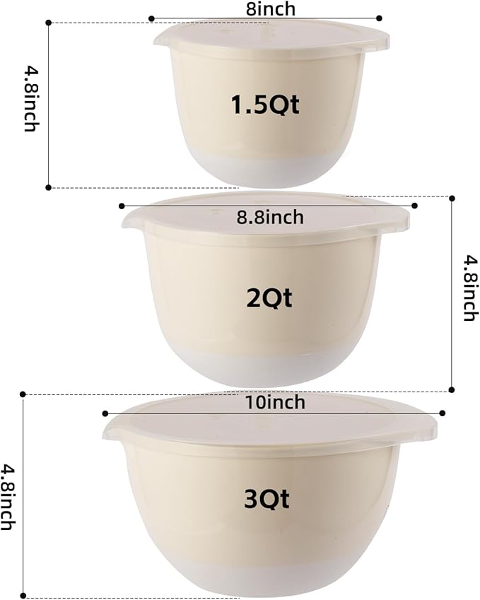 3 Plastic Mixing Bowls with Pour Spout,Lids and TPR Non-Slip Bottom,1.5Qt,2Qt,3Qt,Mini,Small,Middle,Nesting Bowl Set for Kitchen Prep,Baking,Storage,Batter,BPA free,Easy to Grip,White