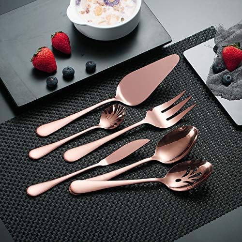 Berglander Stainless Steel Rose Gold Titanium Plated Flatware Serving Set 6 Pieces, 5 Serving Pieces of 45 Pieces Flatware With 1 Cake Server, Copper Serving Silverware Set (Shiny Rose Gold)