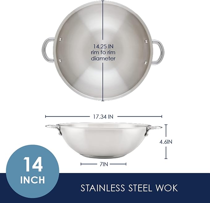 Rachael Ray Professional Stainless Steel Wok/Stir-Fry Pan, Compatible with All Cooktops, Induction Ready, Dishwasher and Metal Utensil Safe, 14 Inch - Stainless Steel