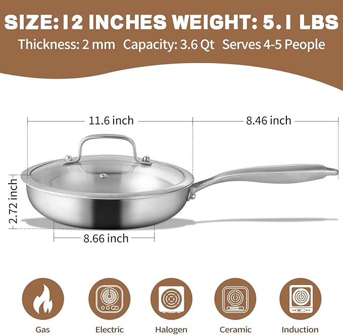 GOLDEN KEY 12 Inch Tri-Ply Stainless Steel Frying Pan with Lid - PFOA/PTFE-Free, Even Heating, All Cooktop Compatible, Oven Safe 500°F, Dishwasher Safe for Searing, Sauteing, Roasting & Frying