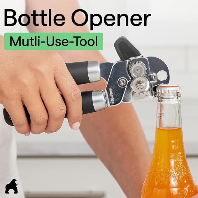 GORILLA GRIP Heavy Duty Stainless Steel Smooth Edge Manual Can Opener and Bottle Openers, US Designed, Soft Comfortable Handle, Oversized Handheld Turn Knob, Multifunctional Kitchen Tool, Black