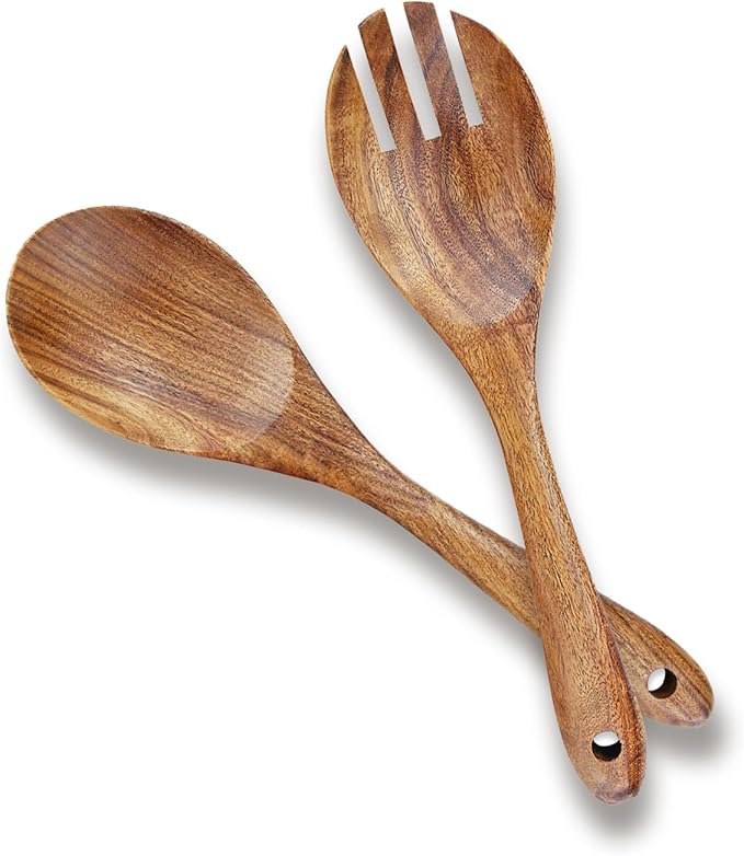 AOOSY Acacia Wood Salad Tongs,10.2 Inch Serving Utensils Set,Salad Fork and Salad Spoon for Serving,Long Handle Salad Server Set Kitchen Cooking Utensil