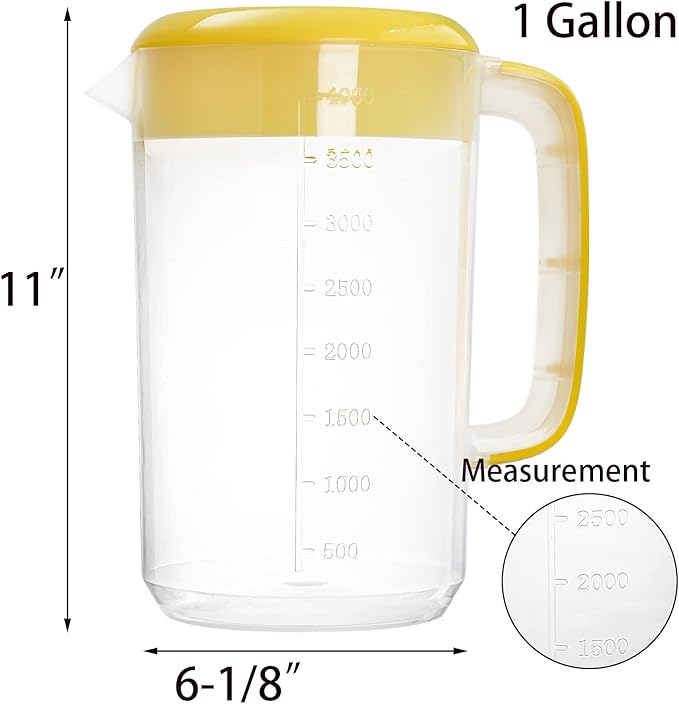 Jucoan 2 Pack 1 Gallon Plastic Pitcher with Lid, Large Water Drink Pitcher, Ice Tea Pitchers with Strainer Cover, Handles, Measurements for Party Sun Tea, Lemonade, Sangria, Cold Brew